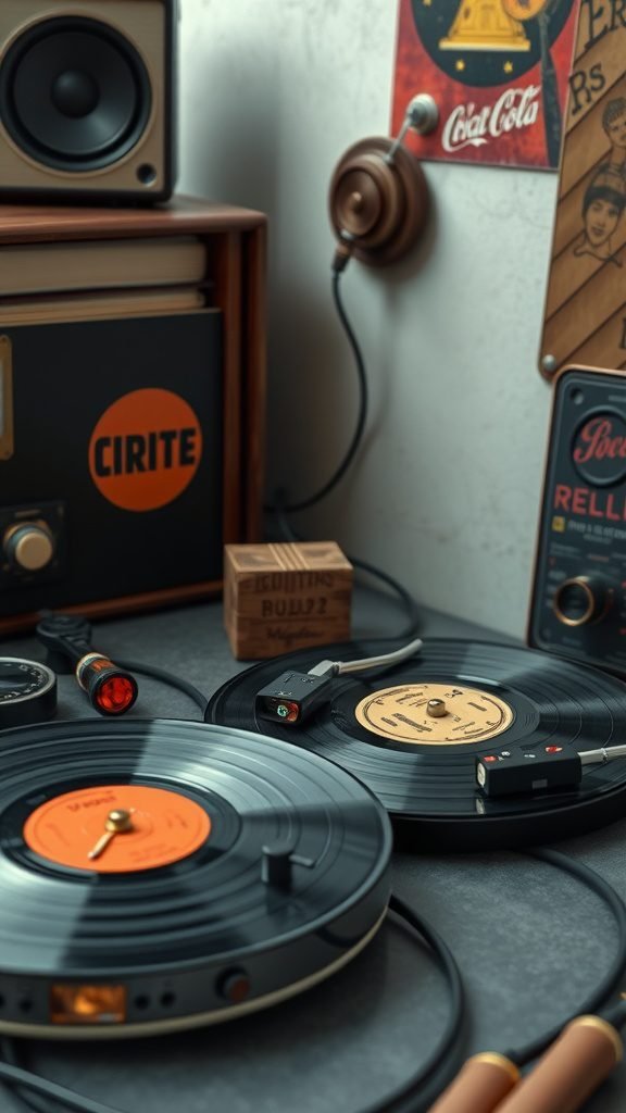 A vintage music setup featuring vinyl records, old speakers, and retro design elements. May Phone Wallpaper