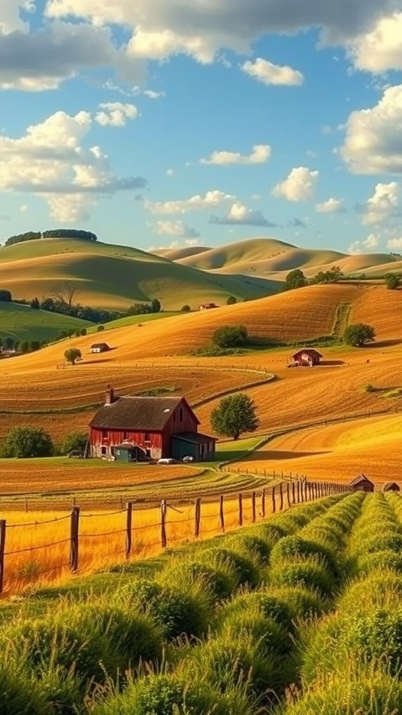 A rustic farm landscape with rolling golden fields, a red barn, and a bright blue sky. May Phone Wallpaper