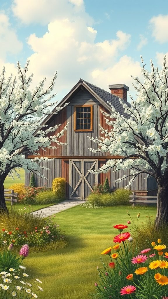 A rustic barn surrounded by blooming trees and colorful flowers in a spring landscape.