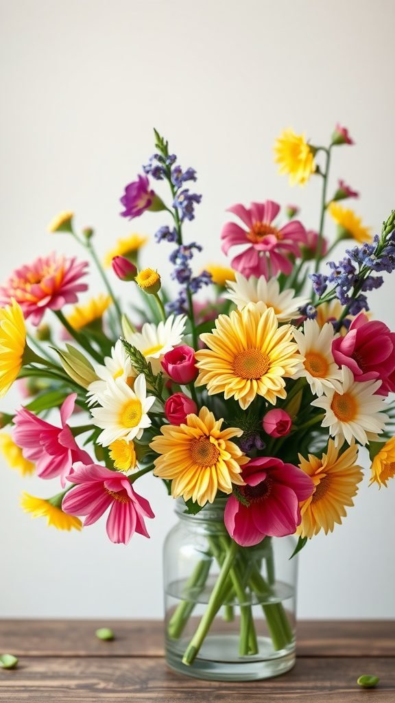 A vibrant spring flower arrangement in a glass vase