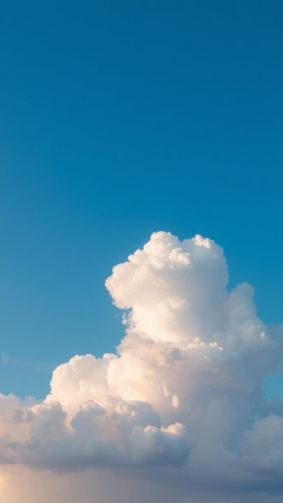 Fluffy cotton candy clouds against a clear blue sky
