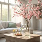 A sunlit modern living room with floor-to-ceiling windows, featuring a light gray sectional sofa, a weathered wood coffee table adorned with wildflowers in mason jars, and dramatic cherry blossom branches in a tall glass vase; accented with soft pink and sage green tones, vintage brass details, and gentle light filtered through white sheer curtains.