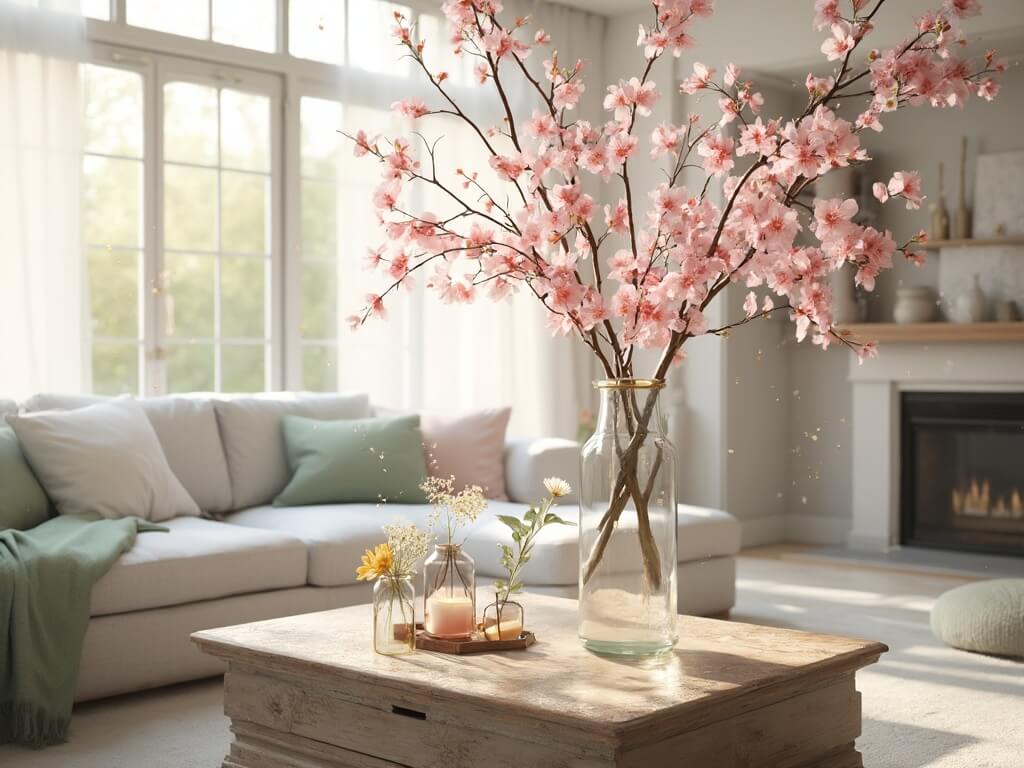 15 Dirt-Cheap DIY Spring Decor Ideas That Look Expensive A sunlit modern living room with floor-to-ceiling windows, featuring a light gray sectional sofa, a weathered wood coffee table adorned with wildflowers in mason jars, and dramatic cherry blossom branches in a tall glass vase; accented with soft pink and sage green tones, vintage brass details, and gentle light filtered through white sheer curtains.