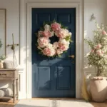 A cinematic photograph capturing a modern entryway with a navy blue door adorned by a central 22-inch hydrangea wreath featuring pink and white blooms, surrounded by smaller wreath vignettes including coral tulips, blush peonies, silver dollar eucalyptus, and magnolia leaves, set against textured white walls with brass accents, and framed by a wooden console displaying wreath-making materials.