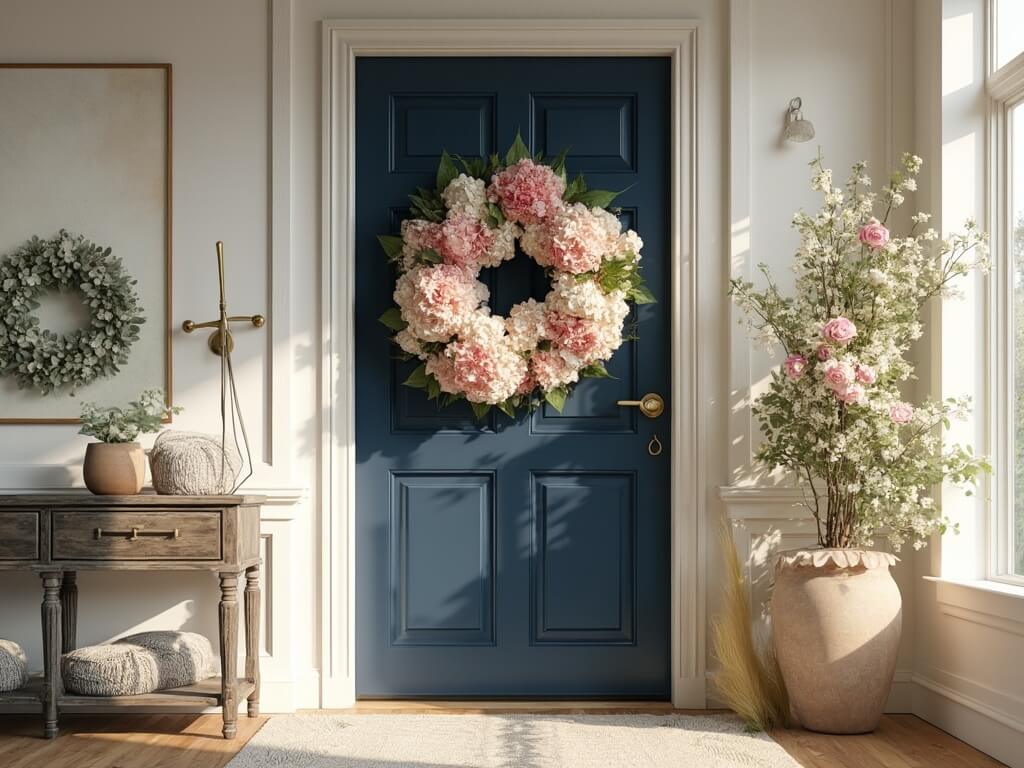 A cinematic photograph capturing a modern entryway with a navy blue door adorned by a central 22-inch hydrangea wreath featuring pink and white blooms, surrounded by smaller wreath vignettes including coral tulips, blush peonies, silver dollar eucalyptus, and magnolia leaves, set against textured white walls with brass accents, and framed by a wooden console displaying wreath-making materials.