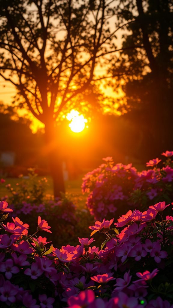 A spring evening sunset with pink flowers in the foreground and a glowing sun setting behind trees.