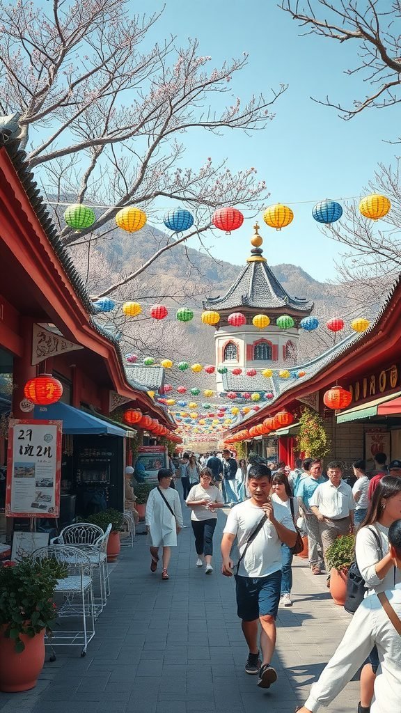 A vibrant street scene decorated with colorful lanterns, bustling with people celebrating a spring festival.
