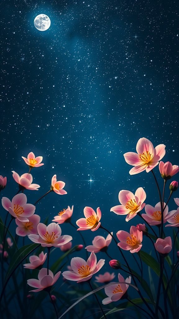 A spring night sky with blooming pink flowers and a bright moon.