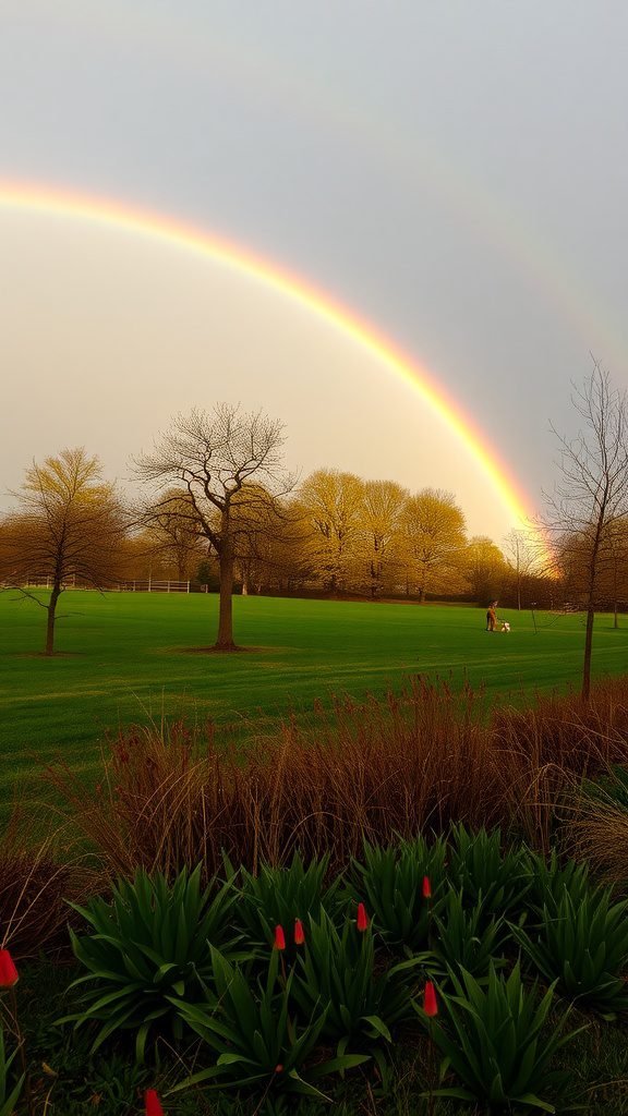 A double rainbow arching over a green field with trees and flowers during spring.