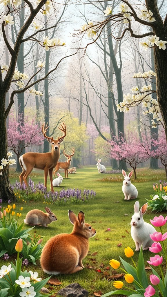 A serene spring landscape with deer and rabbits among blooming flowers and trees.