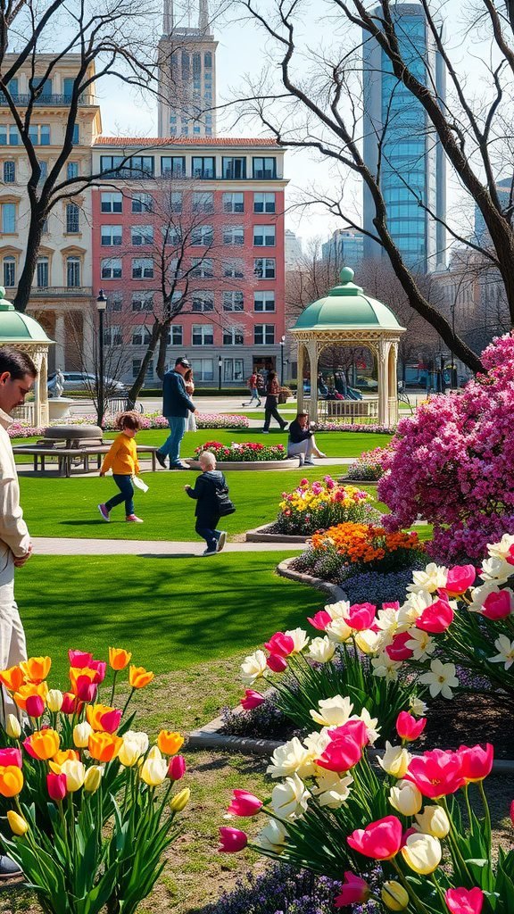 A colorful spring park with people enjoying the outdoors, surrounded by blooming flowers and a city skyline in the background.