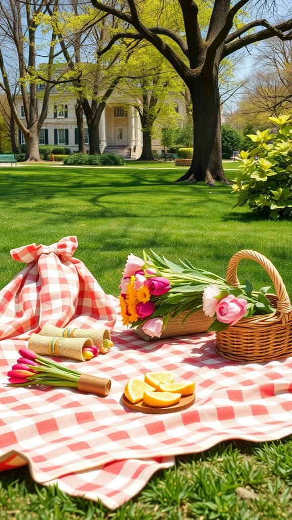 A spring picnic scene with a checkered blanket, flowers, and orange slices in a park
