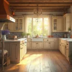 Photorealistic French country kitchen bathed in golden hour light, featuring rustic elegance with distressed oak floors, exposed beams, copper finishes, and vintage decor.