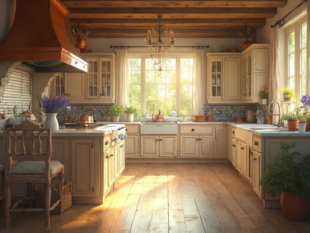 Photorealistic French country kitchen bathed in golden hour light, featuring rustic elegance with distressed oak floors, exposed beams, copper finishes, and vintage decor.