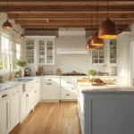 A photorealistic image of a white farmhouse kitchen bathed in golden hour light, featuring shaker cabinets, marble countertops, herringbone tile backsplash, reclaimed oak beams, and a butcher block island with hanging copper pots.