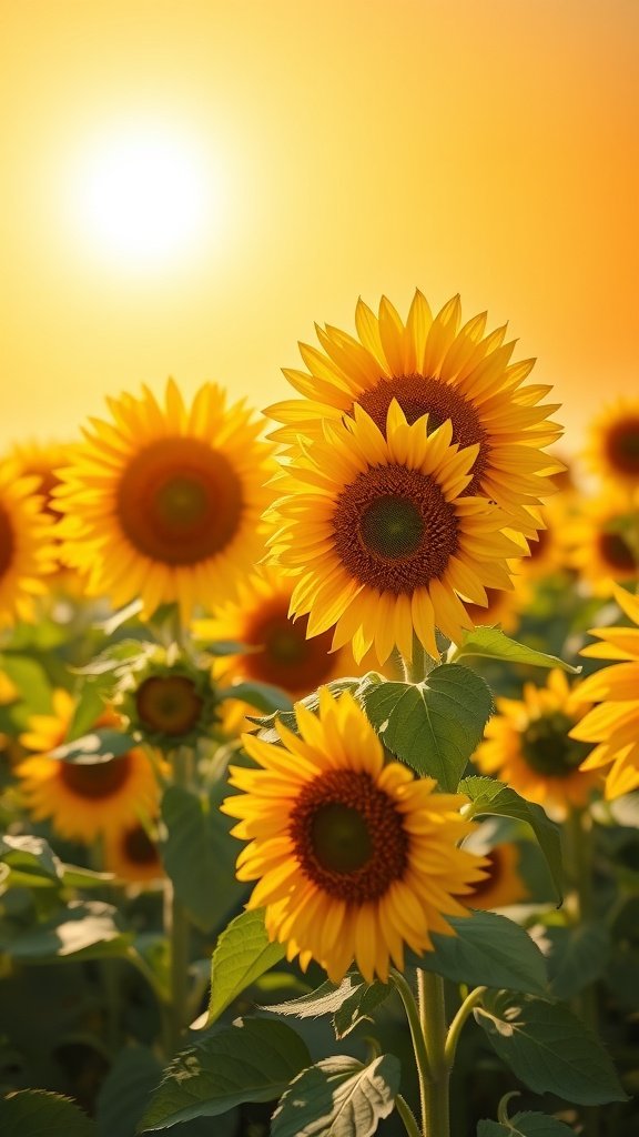 A field of sunflowers under the sun, showcasing their vibrant yellow petals and dark centers. May Phone Wallpaper