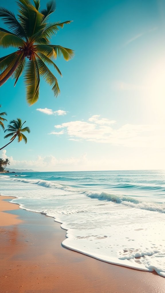 A serene beach scene with palm trees and gentle waves under a bright blue sky.