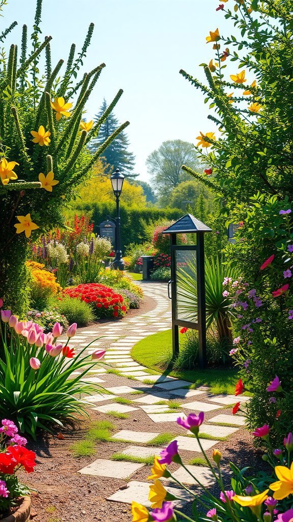 A sunny garden path surrounded by colorful flowers leading to a peaceful area.