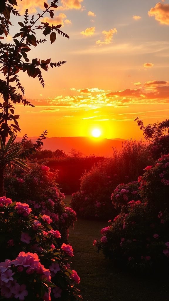Sunrise over a garden with pink flowers and a vibrant sky