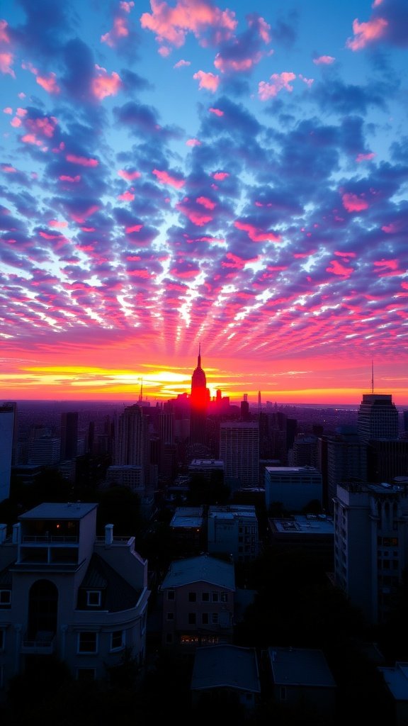 A vibrant sunset over a city skyline, with colorful clouds and silhouetted buildings.