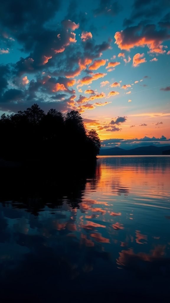 A sunset reflecting on calm water with vibrant colors in the sky
