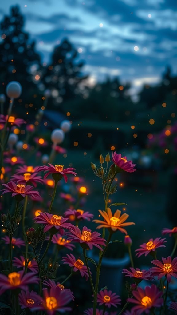 A close-up of vibrant flowers with glowing centers, surrounded by twinkling lights on a spring evening.
