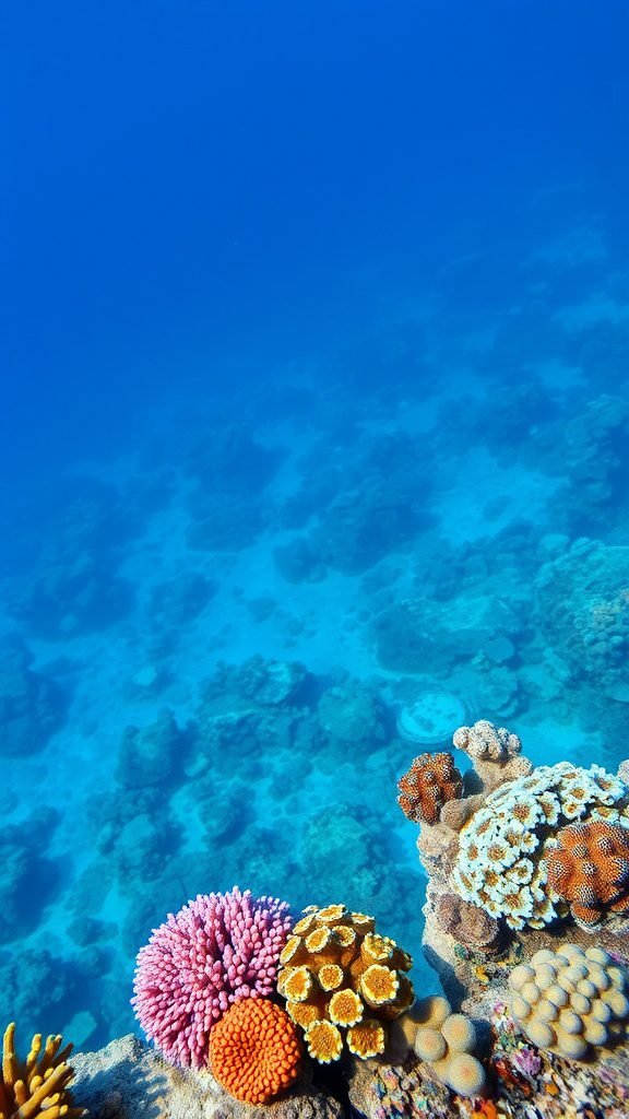 Underwater view of a coral reef with colorful coral formations and clear blue water. May Phone Wallpaper
