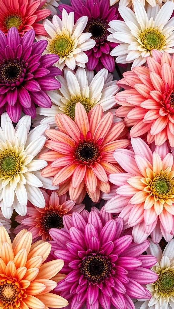 A close-up of vibrant flowers in various colors, showcasing pink, purple, and white petals.