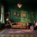 A moody, vintage living room with emerald drapes, a leather Chesterfield sofa, and a purple velvet wingback chair, illuminated by golden hour sunlight and a vintage chandelier.