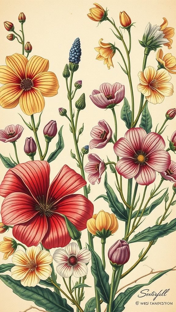 A collection of vintage botanical illustrations featuring colorful flowers and green leaves on a light background.