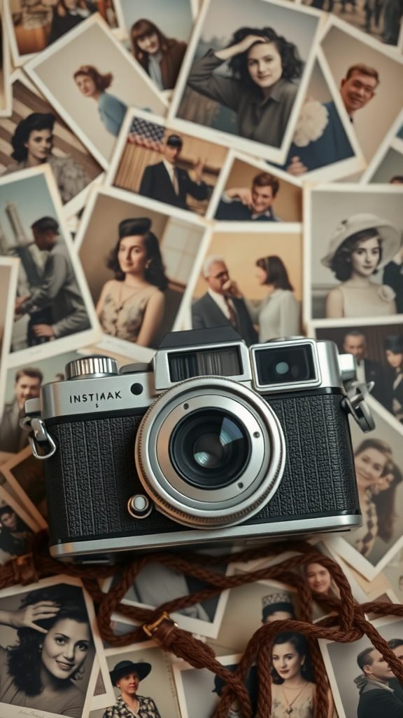 A vintage camera placed on a pile of old photographs, showcasing a nostalgic aesthetic. May Phone Wallpaper