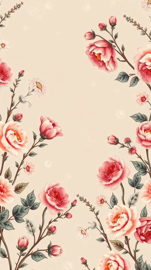 Vintage floral pattern featuring blooming roses and greenery on a light background.