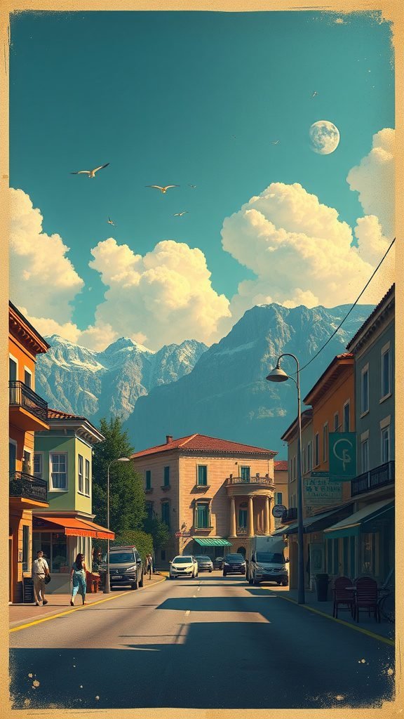 A vintage travel poster style image depicting a picturesque street with mountains in the background and fluffy clouds in the sky.