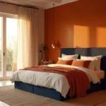 A warm and inviting bedroom interior with a burnt orange accent wall, navy blue headboard, cream linens, terracotta pillows, and copper pendant lights, highlighted by golden hour light.