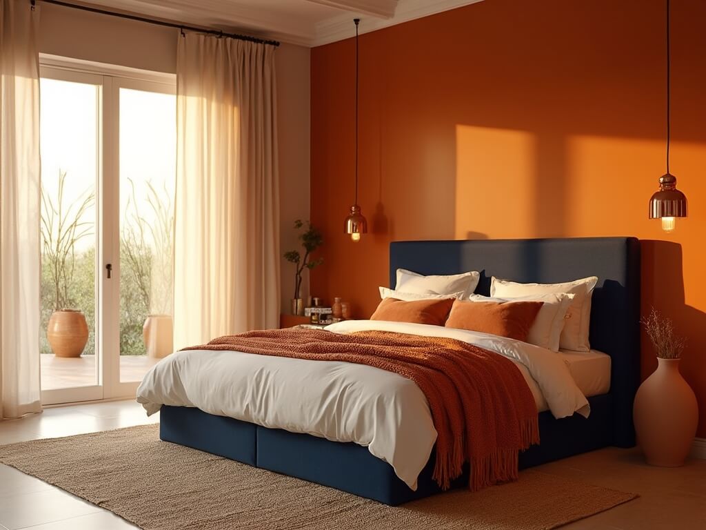 A warm and inviting bedroom interior with a burnt orange accent wall, navy blue headboard, cream linens, terracotta pillows, and copper pendant lights, highlighted by golden hour light.