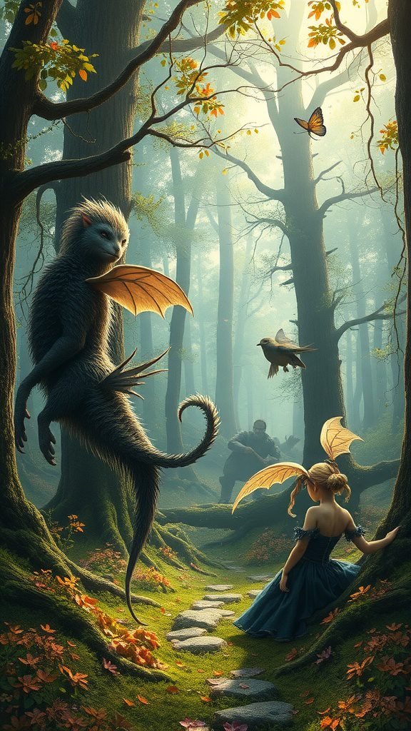 A whimsical fairy tale forest with a girl and a creature, surrounded by trees and soft light. May Phone Wallpaper