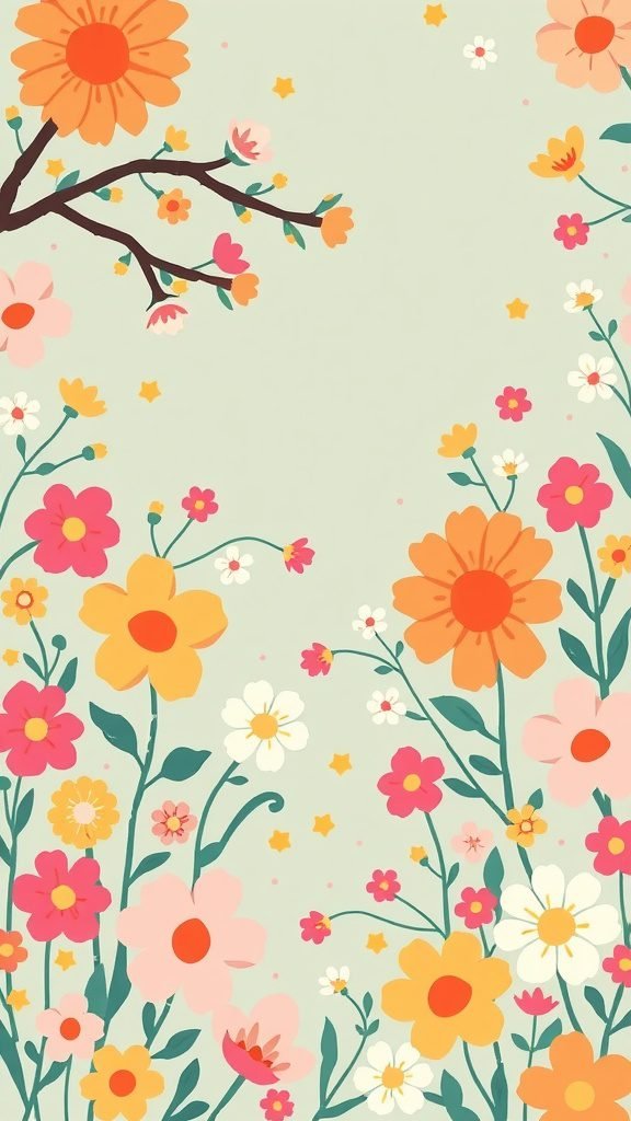 A whimsical floral pattern with colorful flowers and a light green background