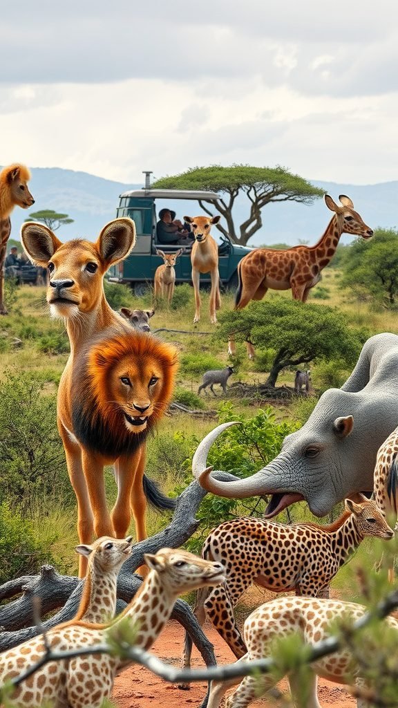 Scene of wild animals including a lion, giraffes, and an elephant in a natural setting with tourists observing from a vehicle.