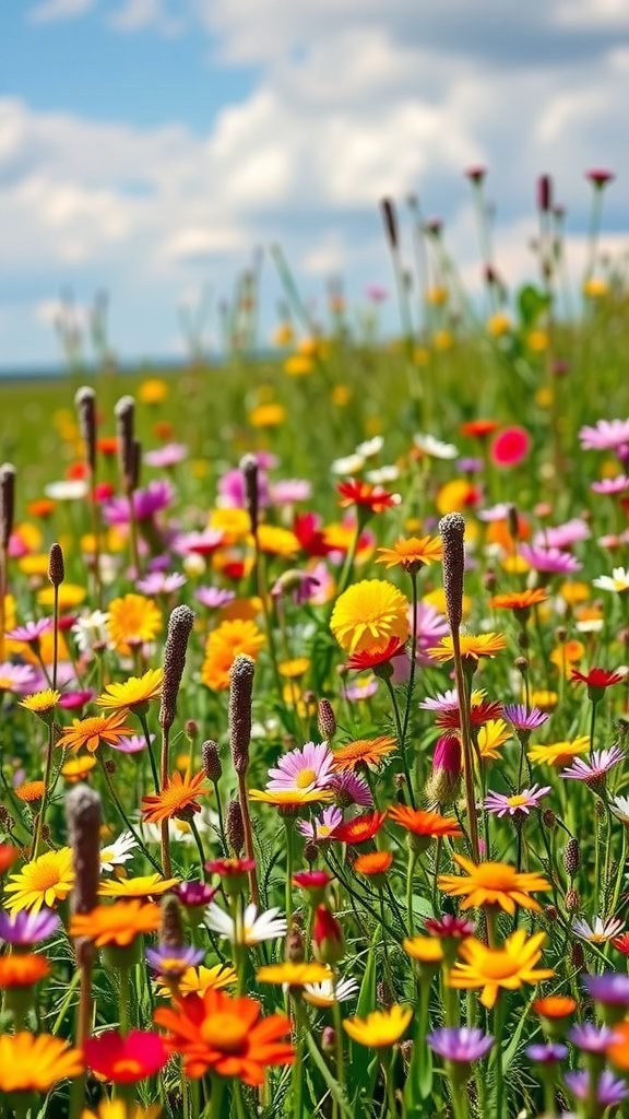A colorful wildflower meadow with various flowers blooming under a blue sky.