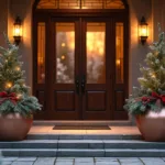 A grand entryway at golden hour with two copper planters containing spruce, fraser fir, cedar, pine branches, burgundy winterberries, and pinecones, accented by red velvet ribbons and LED lights, flanking a dark wood door with natural stone steps and black iron hardware.