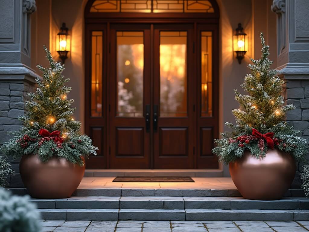 A grand entryway at golden hour with two copper planters containing spruce, fraser fir, cedar, pine branches, burgundy winterberries, and pinecones, accented by red velvet ribbons and LED lights, flanking a dark wood door with natural stone steps and black iron hardware.