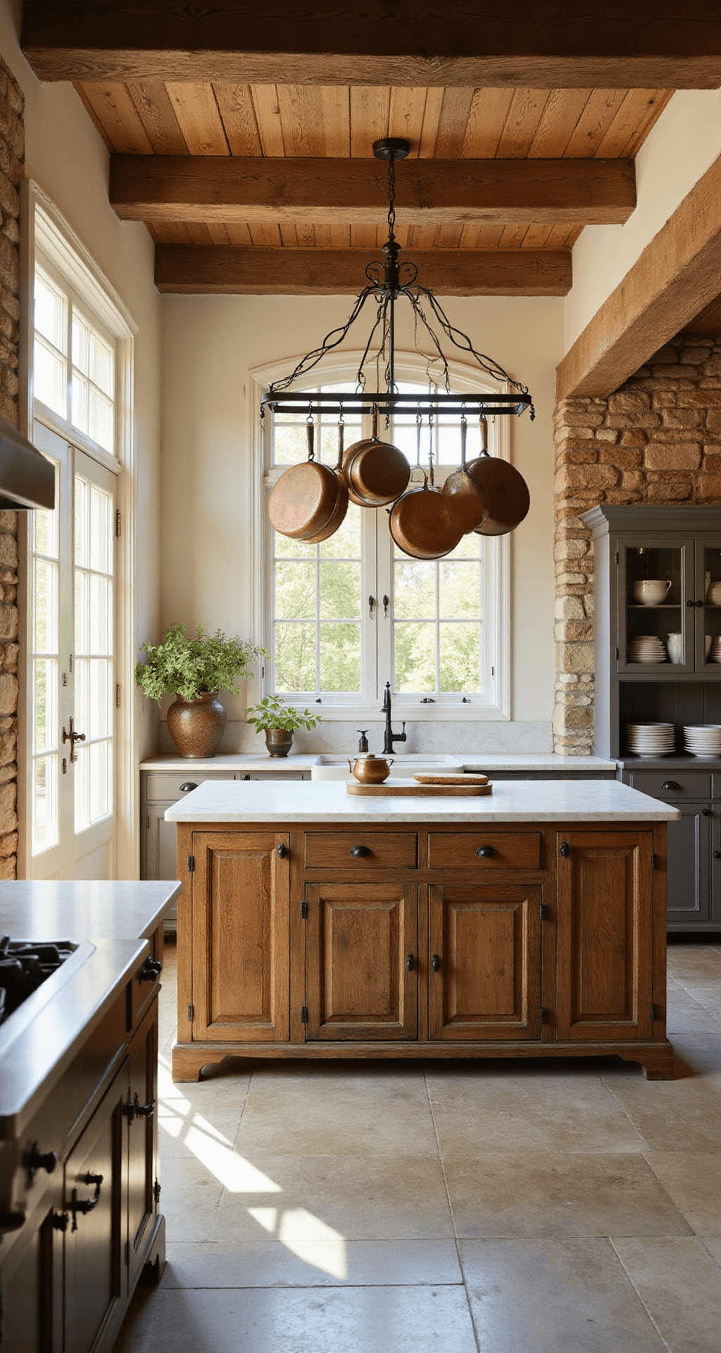 Alt text: 'French country kitchen at golden hour with oak beams, limestone flooring, and mullioned windows. Features a copper pot rack, reclaimed wood island with marble top, wrought-iron chandelier, copper cookware, and antique hutch with ironstone.'