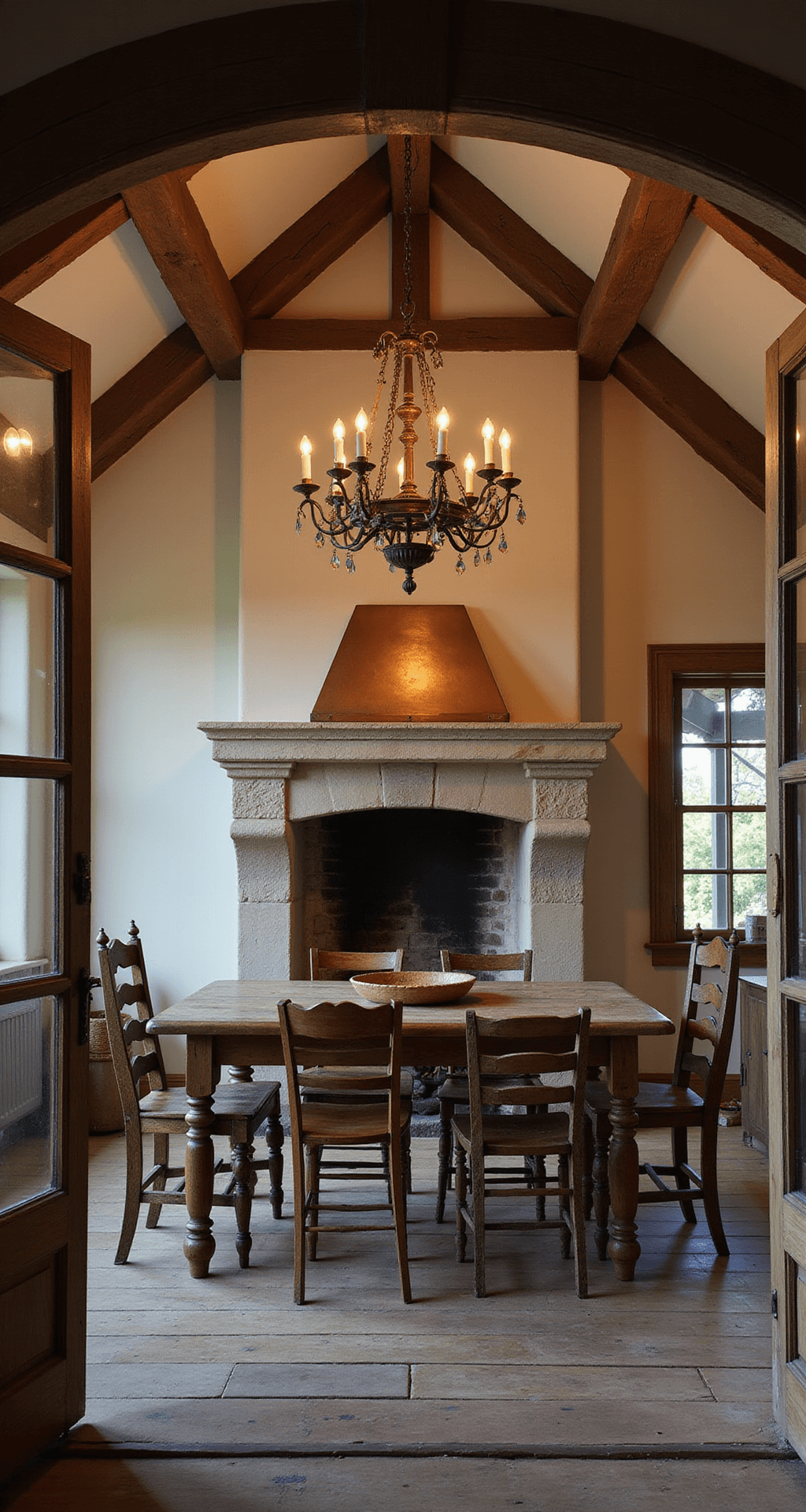 A French kitchen with a vaulted ceiling and rough-hewn beams, softly lit by an iron candle chandelier. Cream plaster walls and a large limestone hearth with a copper hood are prominent. An antique farmhouse table with mismatched chairs sits in the foreground, creating an intimate atmosphere.
