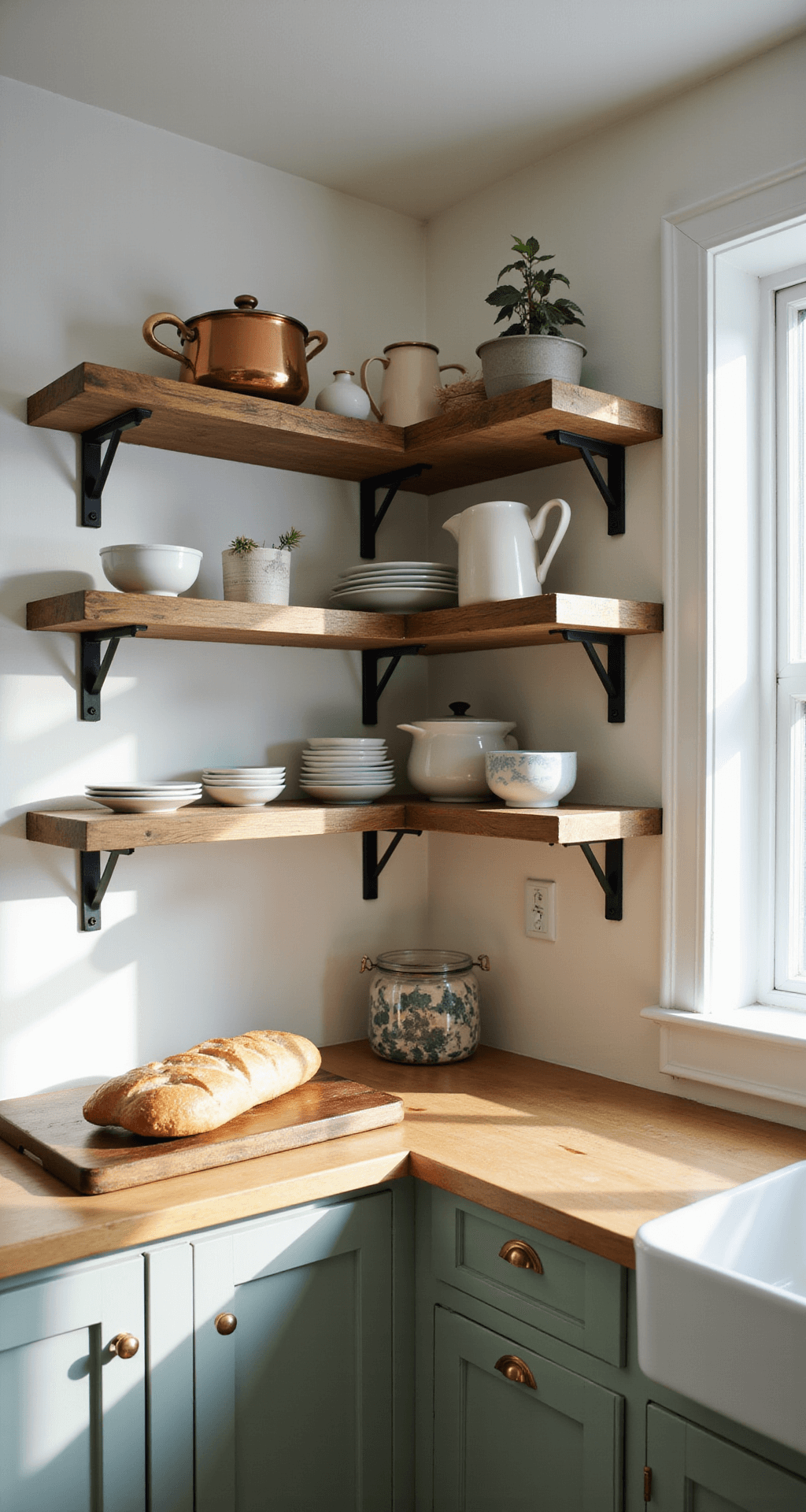 A kitchen corner with open reclaimed barn wood shelves on wrought iron brackets, displaying vintage cream, white, and pale blue earthenware. Copper pots shine in morning light. Lower cabinets are sage green with brass handles. A butcher block counter holds a breadboard with fresh baguettes.