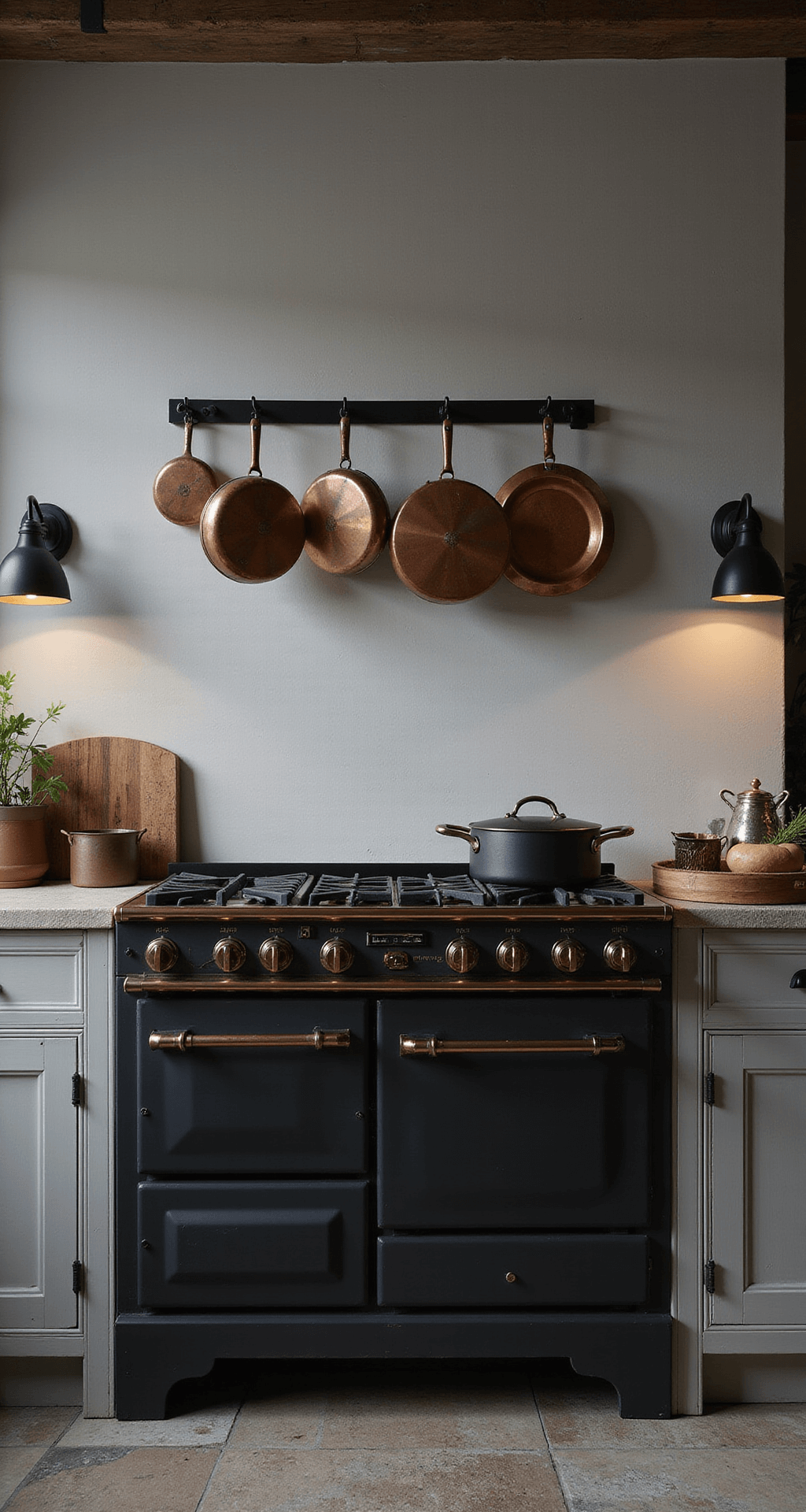 Twilight kitchen interior featuring a matte black professional range against a pale gray plaster wall, with copper cookware on an overhead rack, stone counters with cooking essentials, and soft sconce lighting for an intimate mood.