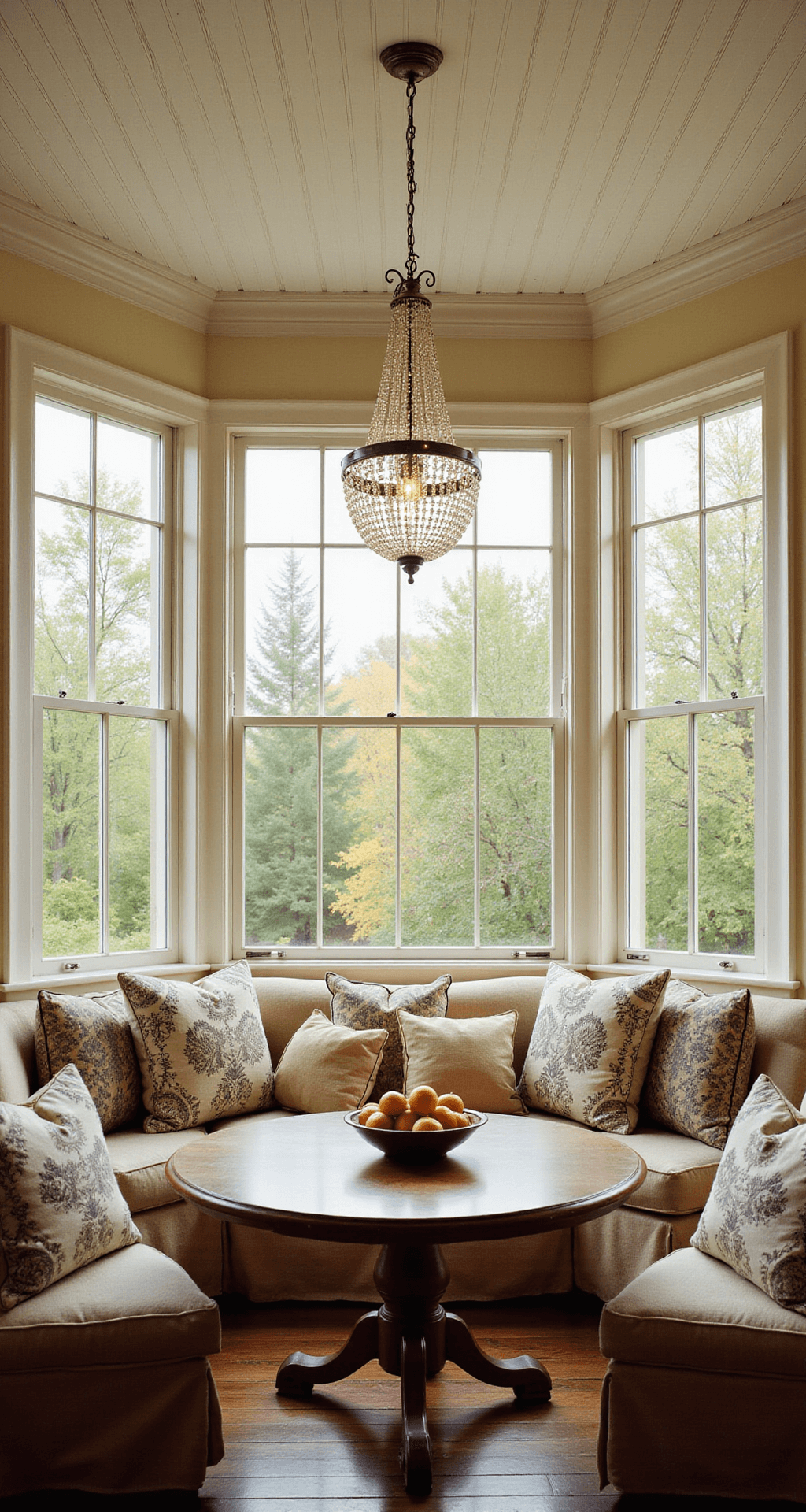 Sunlit breakfast nook with curved multipane windows, overlooking a French garden, features a natural linen banquette with toile pillows, centered by a round antique pedestal table and an elegant crystal chandelier. Whitewashed shiplap ceiling adds charm, all captured at golden hour for a romantic atmosphere.