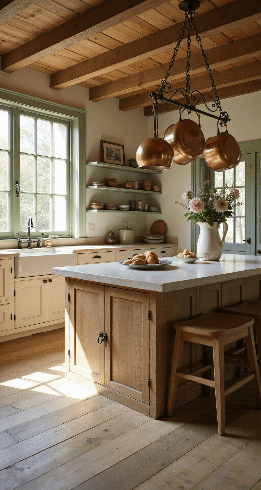 French Country Kitchen: A Rustic Elegance Guide Sunlit French country kitchen with oak floors, cream cabinets, weathered wooden island with limestone top, copper pots, divided-light windows, sage green walls, open shelving, and exposed wooden beams.