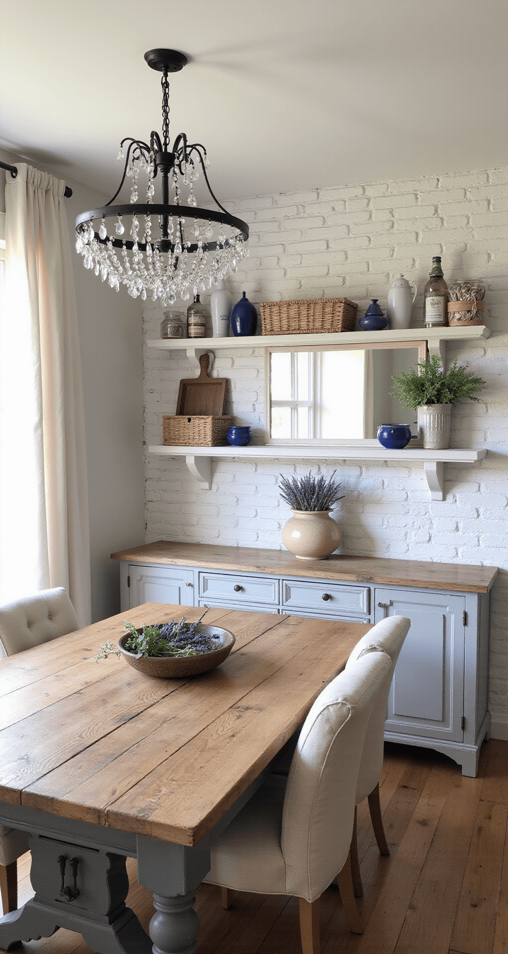 A cozy kitchen nook with morning light, featuring a rustic oak table under a vintage chandelier, surrounded by whitewashed stone walls adorned with blue and white ceramics, woven baskets, and dried lavender.