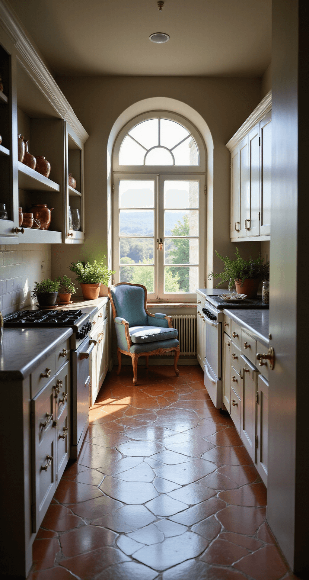 Late afternoon in a French country kitchen with terracotta tiles, white cabinets, copper cookware, and a wooden prep table with herbs, viewed from above with dramatic lighting.