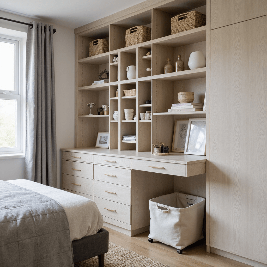 Alt text: A small bedroom featuring innovative storage solutions with morning light illuminating a custom whitewashed oak corner unit. It includes shelving, hidden compartments, and a fold-down desk. Beneath a platform bed, natural canvas wheeled storage bins are visible. Textural elements like woven baskets, dove grey linen bedding, and a jute rug add warmth. The photo is taken at a 45-degree angle to highlight the multi-functional corner setup.